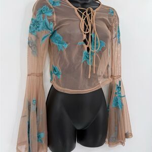 Embroidered Mesh Lace-Up Crop Top in Nude/Teal | Size XS